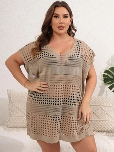 Women's plus size crochet beach cover up in light beige with hollow knit pattern