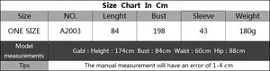 Detailed size chart for oversized beach cover-up with color tassel patchwork
