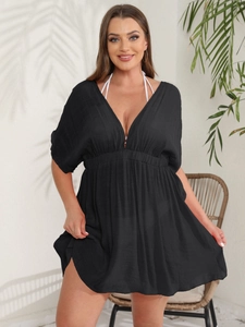 Sexy rückenfreies schwarzes Strandkleid mit tiefem V-Ausschnitt und hoher Taille