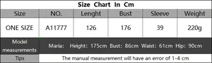 Size chart for women beach cover-up dress showing length, bust, and model measurements