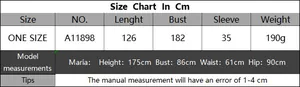 Size chart for women loose kimono cardigan with length 126cm and model measurements