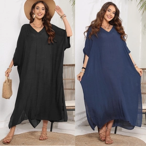 Detail view of V-neck loose beach cover-up dress in black and navy blue linen fabric