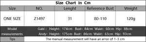 Detailed size chart for handmade crochet bikini top with measurements and model reference