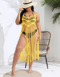 Detailed knit crochet pattern and long fringes on a lemon yellow beach cover-up dress