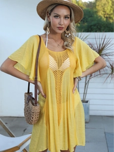 Bohemian yellow crochet beach cover-up dress with ruffle sleeves and open knit pattern