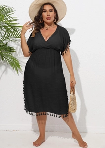 Detail of plus size black V-neck beach cover-up dress with decorative fringe trim