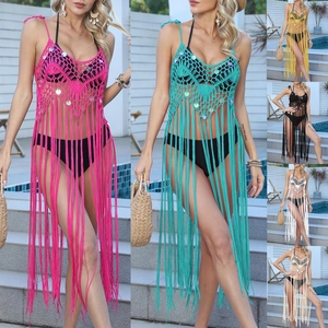 Detailed grid showing multi-color sequin crochet beach coverups with long fringe