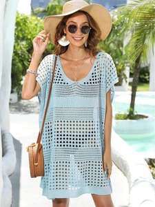 Women's Casual Hollow Out Crochet Beach Cover Up V Neck Loose Knit Bikini Smock Resort Vacation Summer Dress