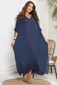 Deep blue V-neck maxi kaftan dress with side slits and airy cotton-linen fabric