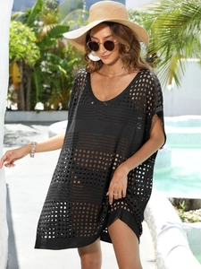 Bohemian black hollow crochet beach cover up dress with V-neck and geometric pattern