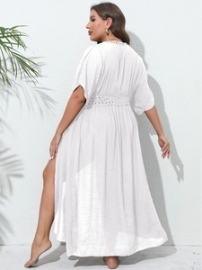 White lace long beach cover-up cardigan with hollow-out waist and side split