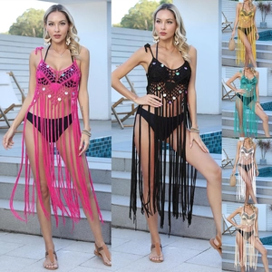 Detail of crochet bikini cover-up featuring long tassels and sequins in six colors