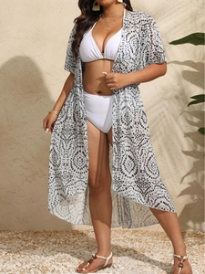 Maillot de bain 3 pièces grande taille femme avec cardigan à pois et bikini blanc
