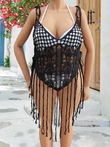 Black hollow crochet beach cover-up with deep V-neck and long fringe hem for women
