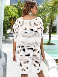 White crochet hollow out beach cover up dress with long sleeves and loose fit style