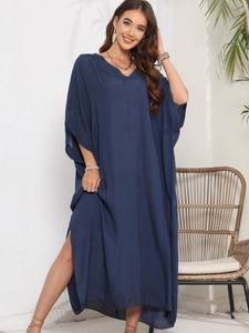 Navy blue V-neck beach cover up maxi dress with side slits and crinkle texture fabric