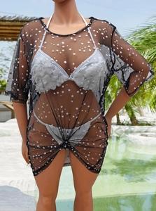 Robe Cache-Maillot de Plage Sexy en Maille Transparente pour Femmes Grande Taille Imprimé Étoiles T-Shirt Ample Manches Courtes
