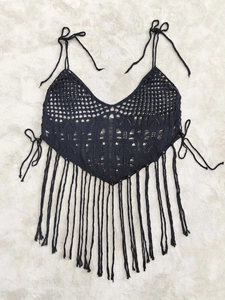 Plus size black crochet camisole with deep V-neck, side ties and long fringe trim