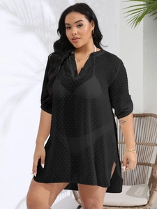 Women's plus size black Swiss dot V-neck beach cover up with side slit design