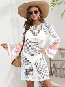 Women Crochet Hollow Out Beach Cover Up Dress Stripe Contrast Color Long Bell Sleeve Knit Bikini Swimsuit Outerwear