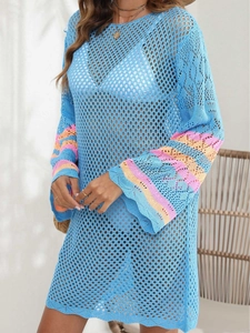 Blue hollow crochet beach cover-up dress with flare sleeves and contrast stripes