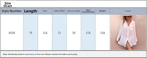 Size chart showing length and bust measurements for this knit button-up beach cover-up