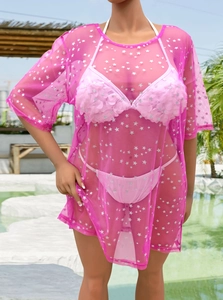 Robe de plage rose en mesh avec étoiles argentées et bikini aux fleurs 3D