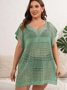 Women Plus Size Crochet Hollow Out Beach Cover Up V Neck Loose Knit Swimsuit Coverup Summer Vacation Smock Top