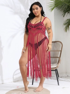 Plus size red crochet beach cover-up dress with hollow-out patterns and long tassel hem