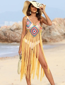 Close-up of rainbow crochet beach coverup with long yellow fringe and V-neckline detail