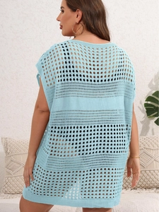 Plus size light blue crochet beach cover-up dress with hollow out knit pattern back view