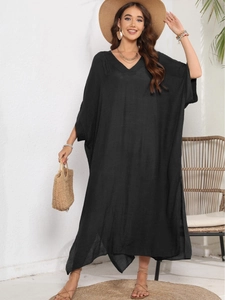 Women's black V-neck kaftan beach cover-up with side slits and loose oversized fit