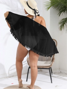 Plus size black mesh beach sarong wrap with fringe trim and polka dot jacquard texture