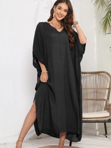 Women's black V-neck maxi beach cover-up dress with side slits and loose casual fit