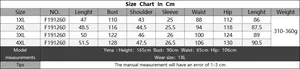 Detailed size chart for plus size women's maxi dress from size 1XL to 4XL with measurements