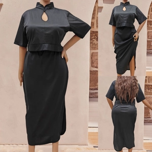 Three-view layout of a black satin dress featuring a high collar and side slit details