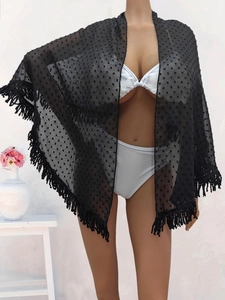 Women Mesh Polka Dot Beach Sarong Cover Up With Tassels Transparent Tie Front Summer Swimsuit Wrap Skirt One Piece Beachwear