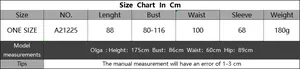 Size chart showing bust and length for the lace beach cardigan with model measurements