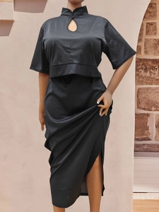 Elegant black two-piece maxi dress with mandarin collar and stylish side slit detail