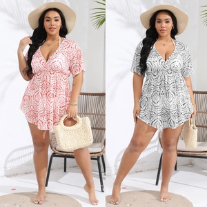 Detail showing deep V-neck boho print beach cover-ups in orange and black floral patterns