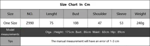 Detailed size chart for women beach cover up featuring measurements and model dimensions