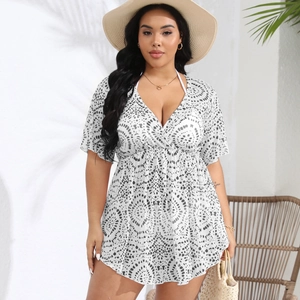 Deep V-neck summer beach cover-up dress with black geometric print and drawstring waist