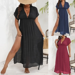 Detail of high waist slit maxi beach dress in black, blue and burgundy wine red