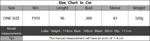 Size chart for oversized beach cover up dress showing detailed measurements in centimeters
