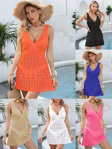 Women Sexy V Neck Sleeveless Crochet Hollow Out Beach Cover Up Dress Bohemian Summer Vacation Knit Mini Sundress