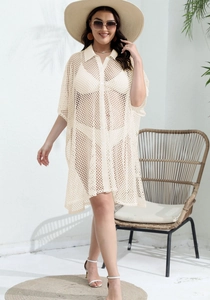 Detailed texture of off-white mesh crochet beach cover-up with button collar design