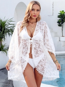 Women Sexy Lace Hollow Beach Cover-Up Floral Crochet Cardigan With Pom-Pom Trim Tie-Up Summer Vacation Bikini Smock