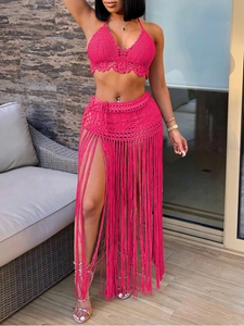Outfit Boho all'Uncinetto da Donna Top Corto all'Uncollo E Gonna con Frange a Vita Alta Copricostume da Mare Vestiti Vacanza