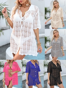 Women Hollow Out Crochet Beach Cover Up Polo Neck Button Down Knitwear Summer Sun Protection Cardigan Bikini Smock