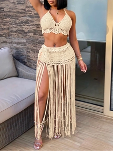 Set all'uncinetto due pezzi con top bikini e gonna lunga a frange in stile bohémien